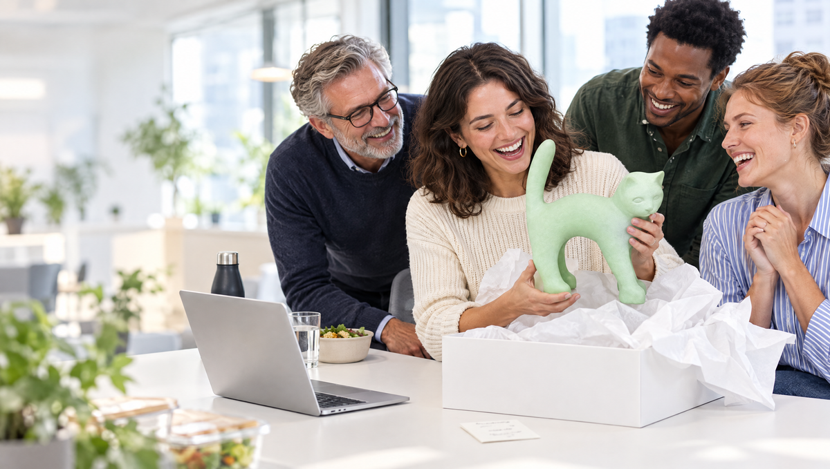 Colleagues watching a woman unwrap a mint green cat sculpture they chipped in for