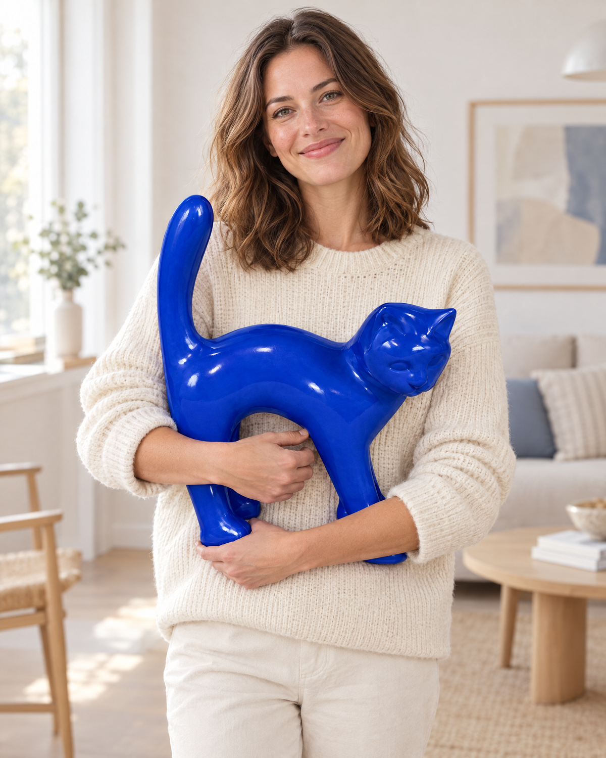 Woman holding a 40 cm Klein blue AlwaysCat resin cat sculpture in her arms
