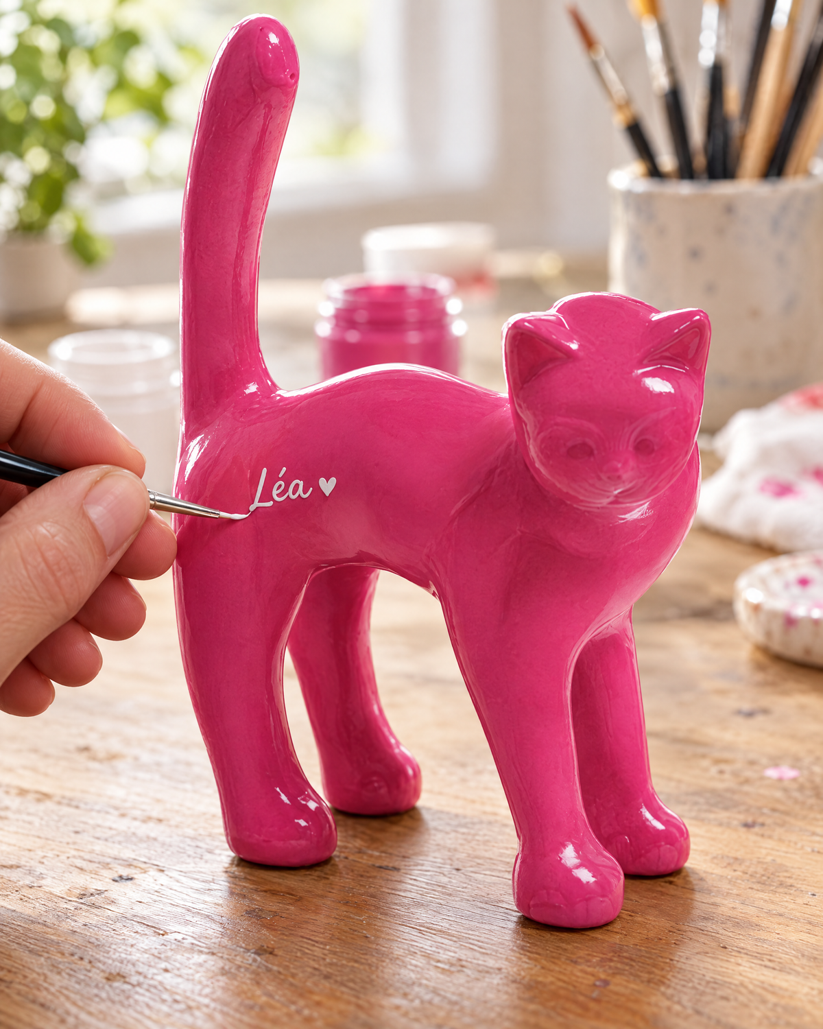 A name hand-painted on the left haunch of a pink cat sculpture