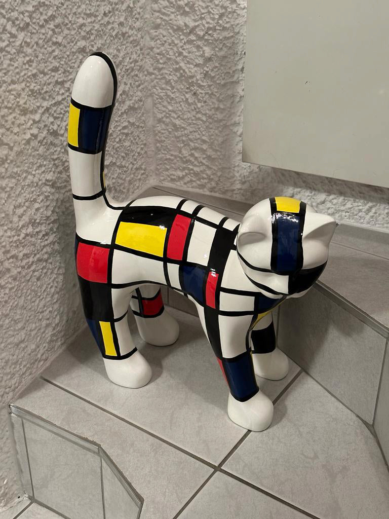 Sculpture de chat Mondrian peinte à la main, 40 cm, AlwaysCat