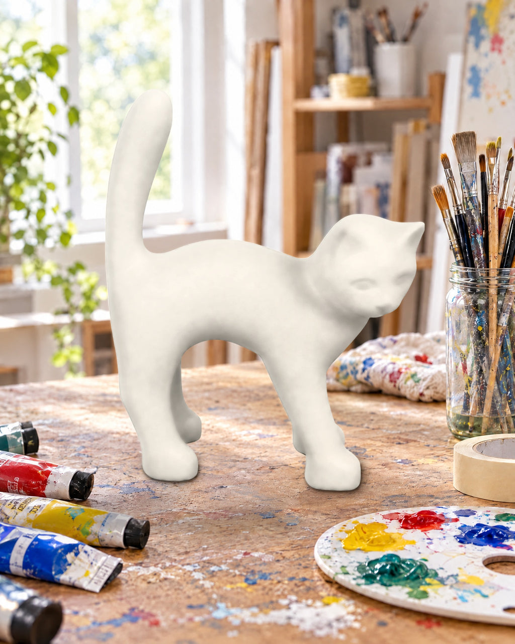 El Gato — Para pintar, blanco mate, en la mesa de trabajo de un artista con pinturas y pinceles (puesta en escena digital)