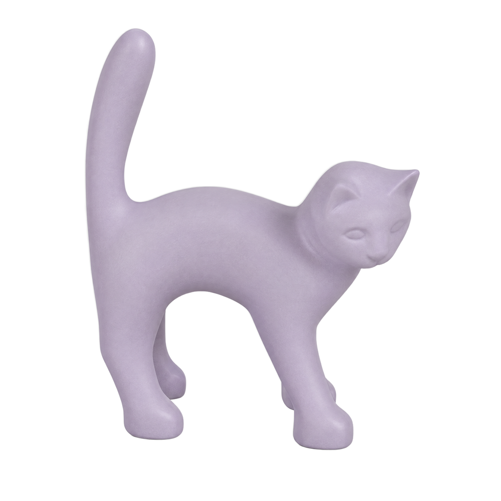 Die Katze — Flieder, handbemalte Katzenskulptur aus Kunstharz, 40 cm (digitale Vorschau)
