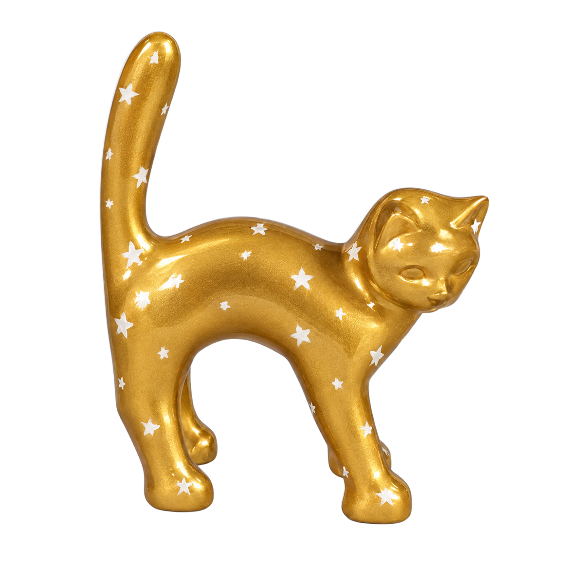 Le Chat — Étoiles dorées, sculpture de chat en résine peinte à la main, 40 cm (aperçu numérique)