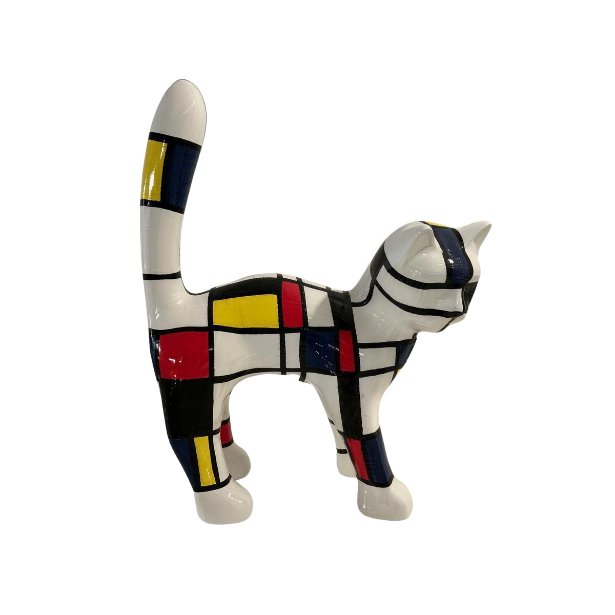 Le Chat — Mondrian, sculpture de chat en résine peinte à la main, 40 cm