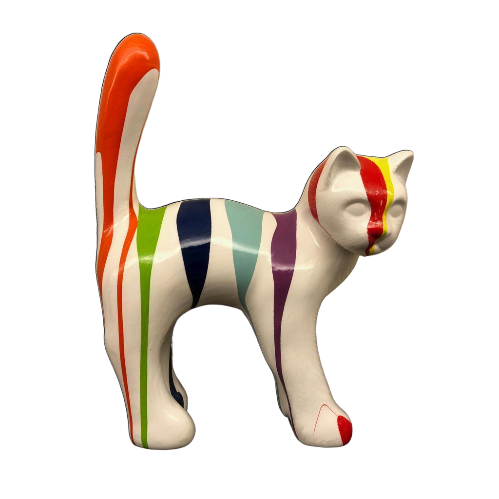 Die Katze — Trash Weiss, handbemalte Katzenskulptur aus Kunstharz, 40 cm