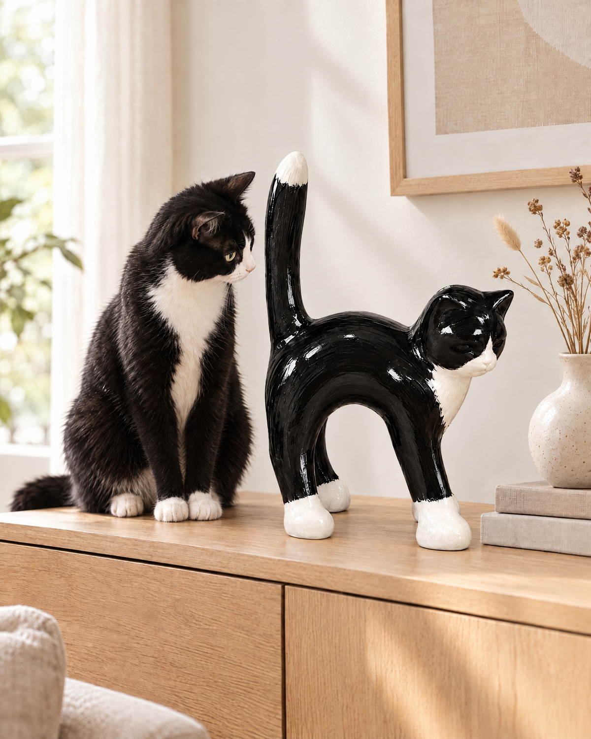 Schwarz-weisse Katze betrachtet ihren 45 cm grossen, handbemalten AlwaysCat-Doppelgänger auf einem Sideboard (digitale Inszenierung)