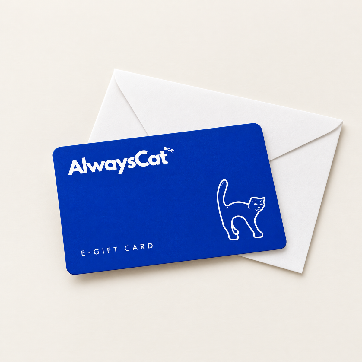 Tarjeta regalo electrónica AlwaysCat en azul Klein con un sobre blanco