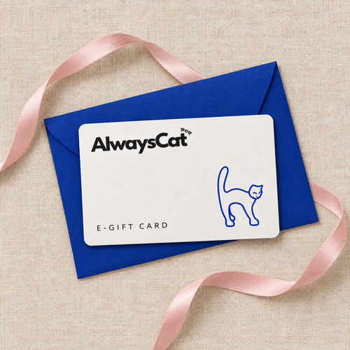 Carte-cadeau électronique AlwaysCat sur une enveloppe bleu Klein avec un ruban rose