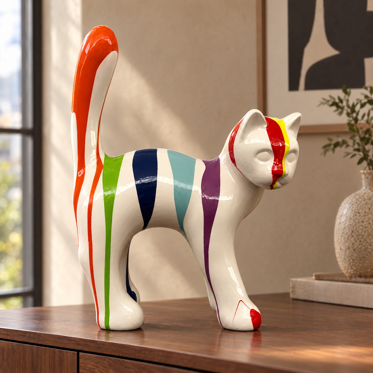 El Gato — Trash Blanco sobre una consola de nogal, con la suave luz de una ventana, en casa (puesta en escena digital)