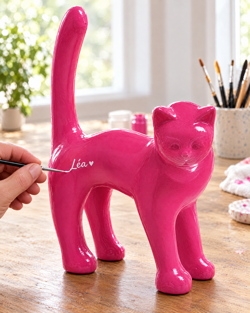 Un nombre pintado a mano en la cadera izquierda de una escultura de gato rosa
