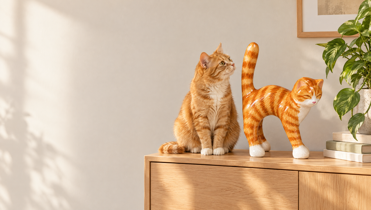 Gato pelirrojo sentado junto a una escultura de gato pintada a mano a su imagen